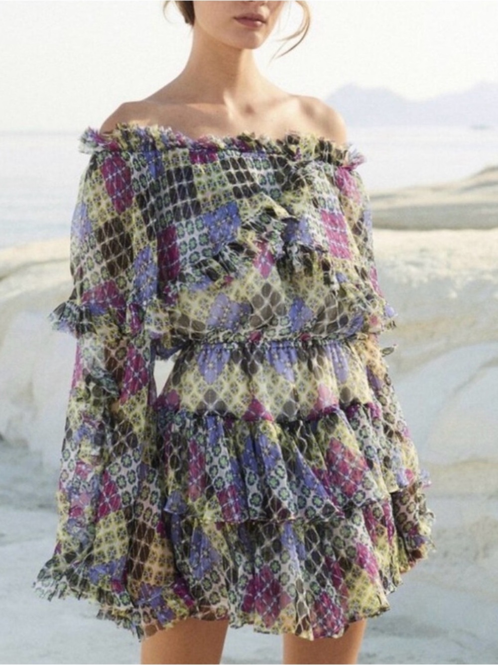 Off-Shoulder Floral Patchwork Mini Dress in Multicolor